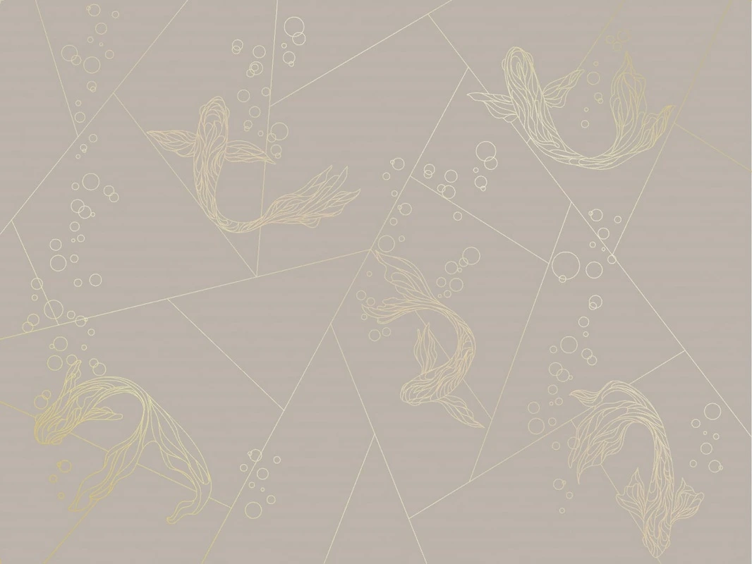 Фотообои на стену - графика, золотые линии, обои с золотыми линиями, обои с золотым рисунком,  рыбы, бежевые, серые