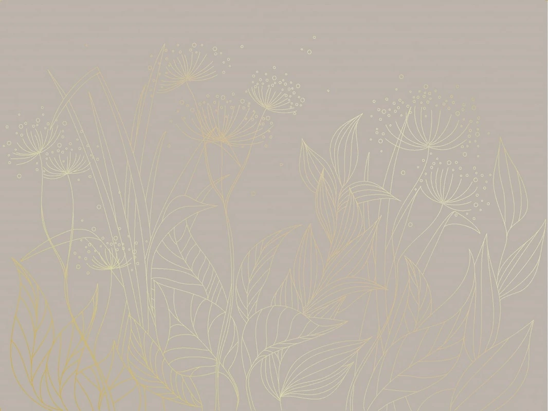 Фотообои на стену - графика, золотые линии, обои с золотыми линиями, обои с золотым рисунком, трава, листья, бежевые, серые
