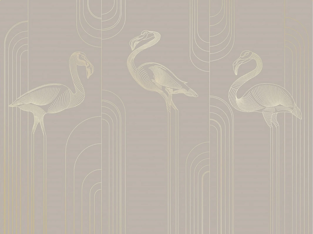 Фотообои на стену - графика, золотые линии, обои с золотыми линиями, обои с золотым рисунком, фламинго, бежевые, серые