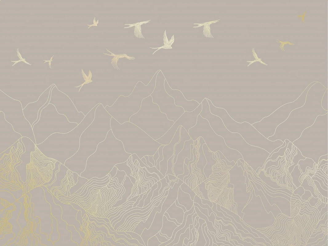 Фотообои на стену - графика, золотые линии, обои с золотыми линиями, обои с золотым рисунком, горы, птицы, бежевые, серые