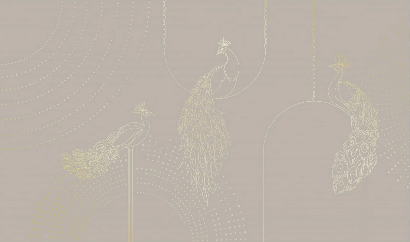 Фотообои на стену - графика, золотые линии, обои с золотыми линиями, обои с золотым рисунком, павлин, бежевые, серые