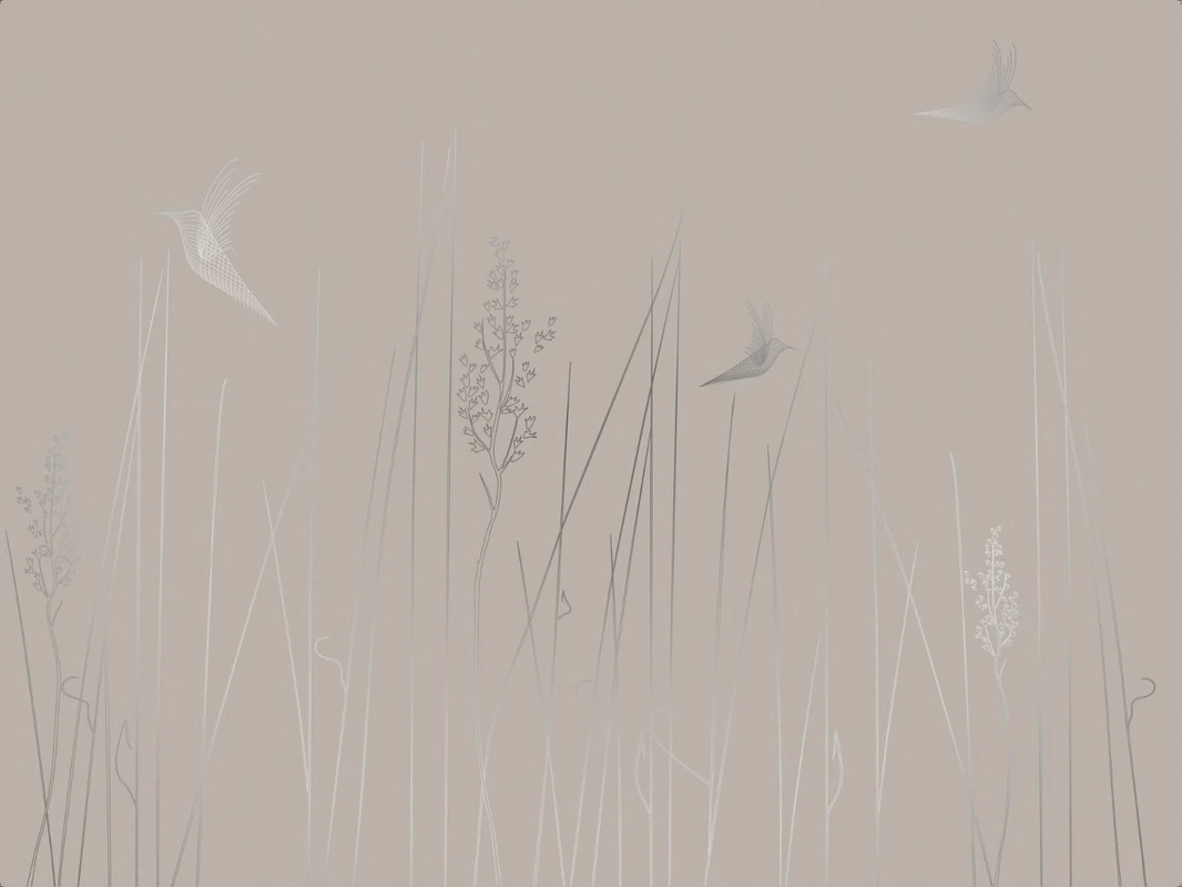 Фотообои на стену - графика, линии, обои с серебром, обои с серебром для стен, обои светлые с серебром, трава, птицы, бежевые, серые