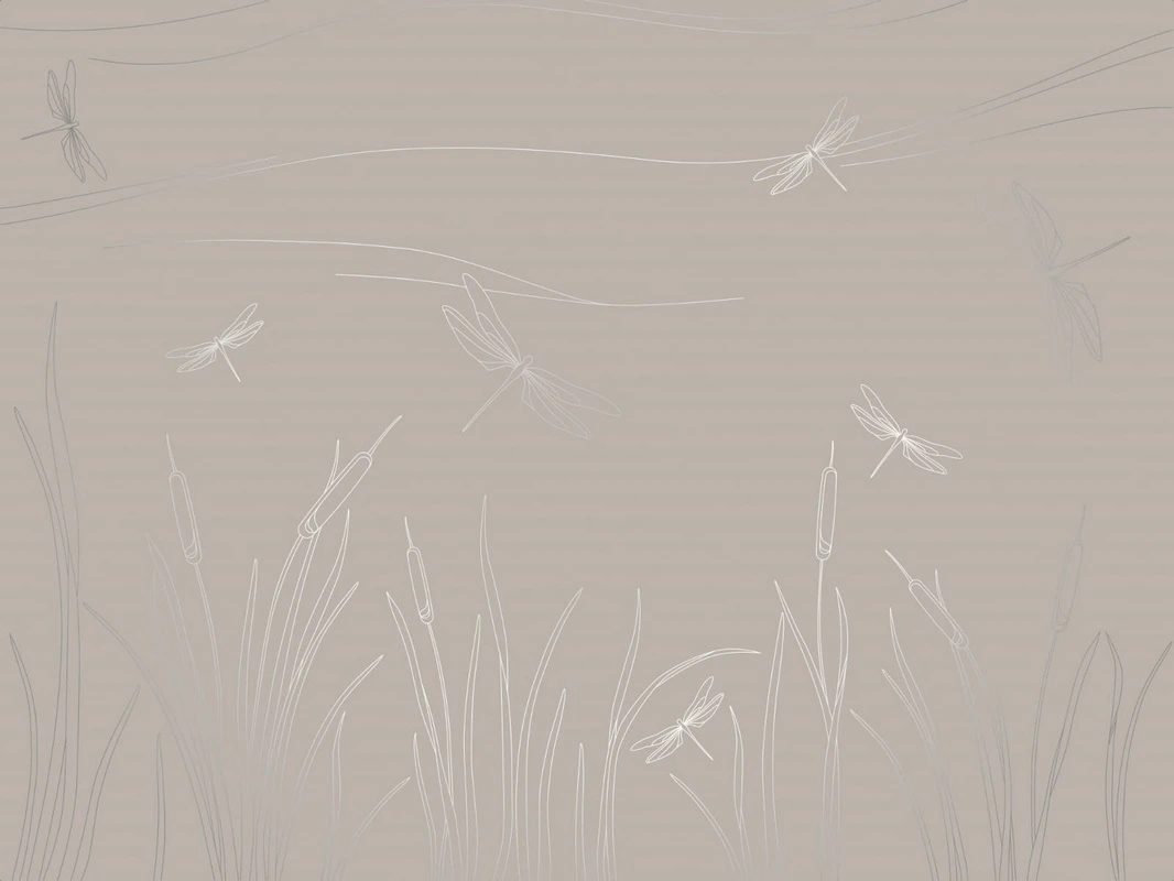 Фотообои на стену - графика, линии, обои с серебром, обои с серебром для стен, обои светлые с серебром, трава, стрекоза, бежевые, серые