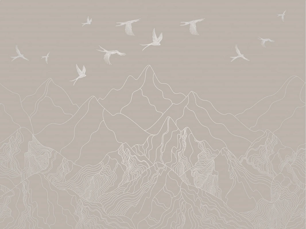 Фотообои на стену - графика, линии, обои с серебром, обои с серебром для стен, обои светлые с серебром, горы, птицы, бежевые, бежевая, серая