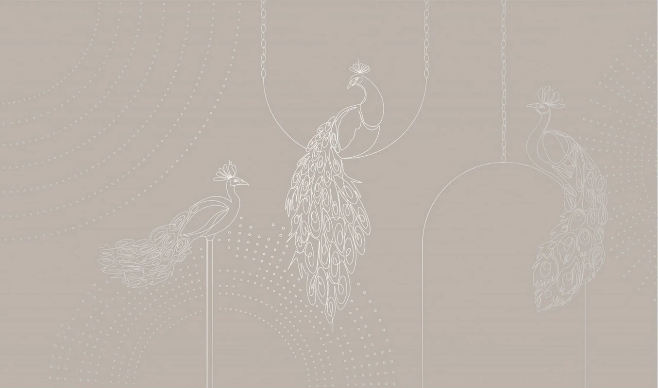 Фотообои на стену - графика, линии, обои с серебром, павлин, бежевые