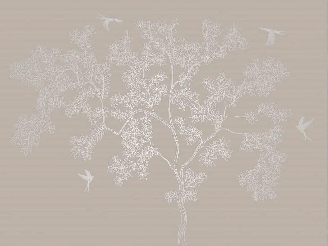 Фотообои на стену - графика, линии, обои с серебром, дерево, бежевые
