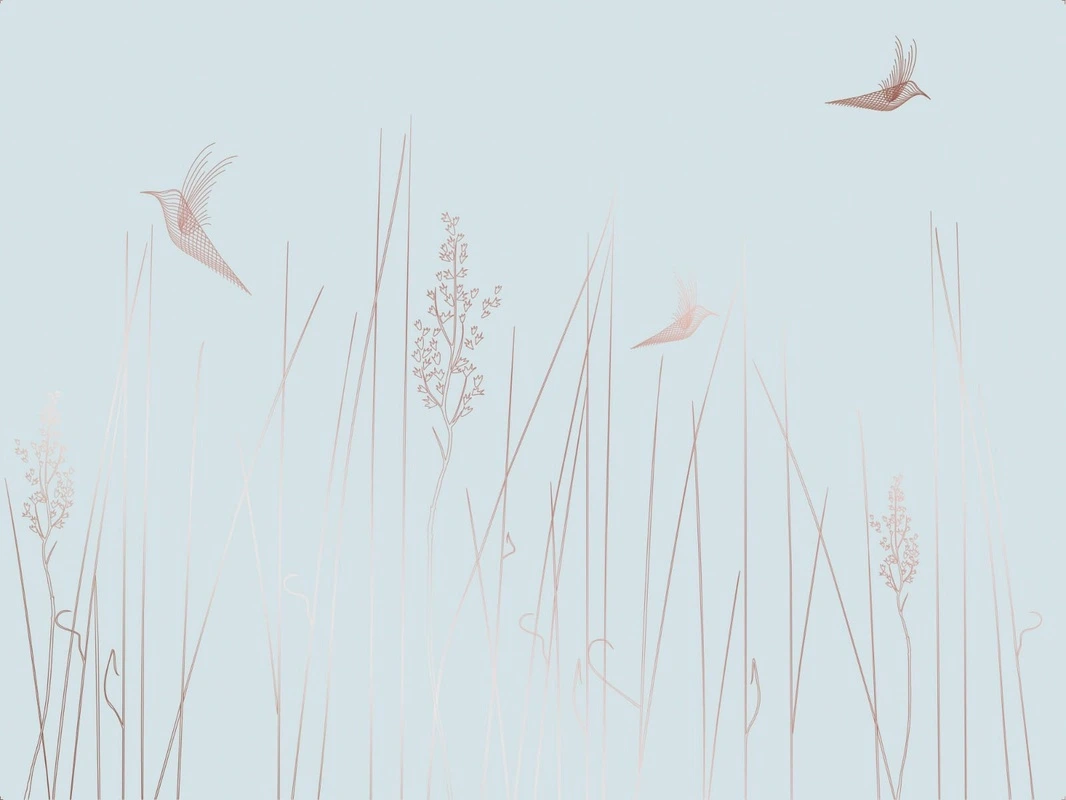 Фотообои на стену - графика, линии, медные, голубые, трава, птицы