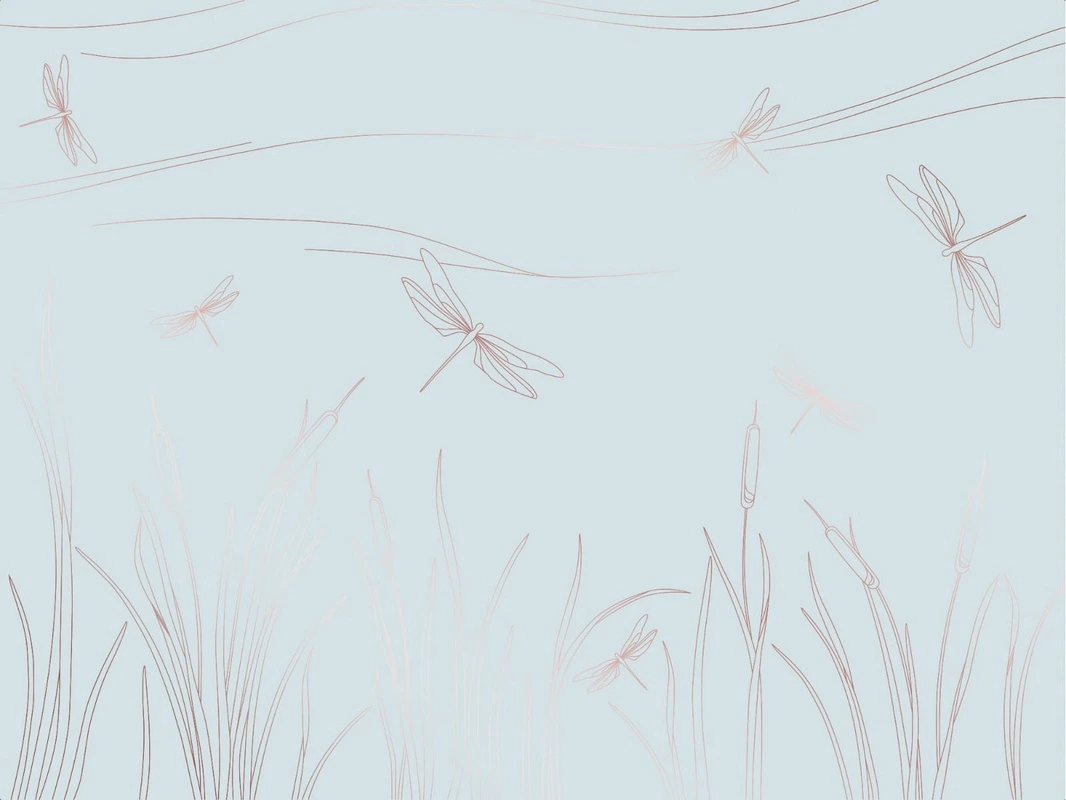 Фотообои на стену - графика, линии, медные, голубая, трава, стрекоза