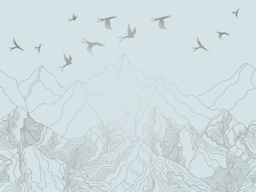 Фотообои на стену - графика, линии, с серебром, голубая, горы и птицы, горы