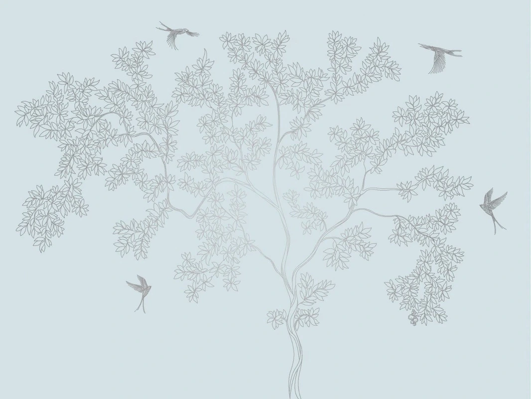 Фотообои на стену - графика, линии, с серебром, голубая, дерево, птицы