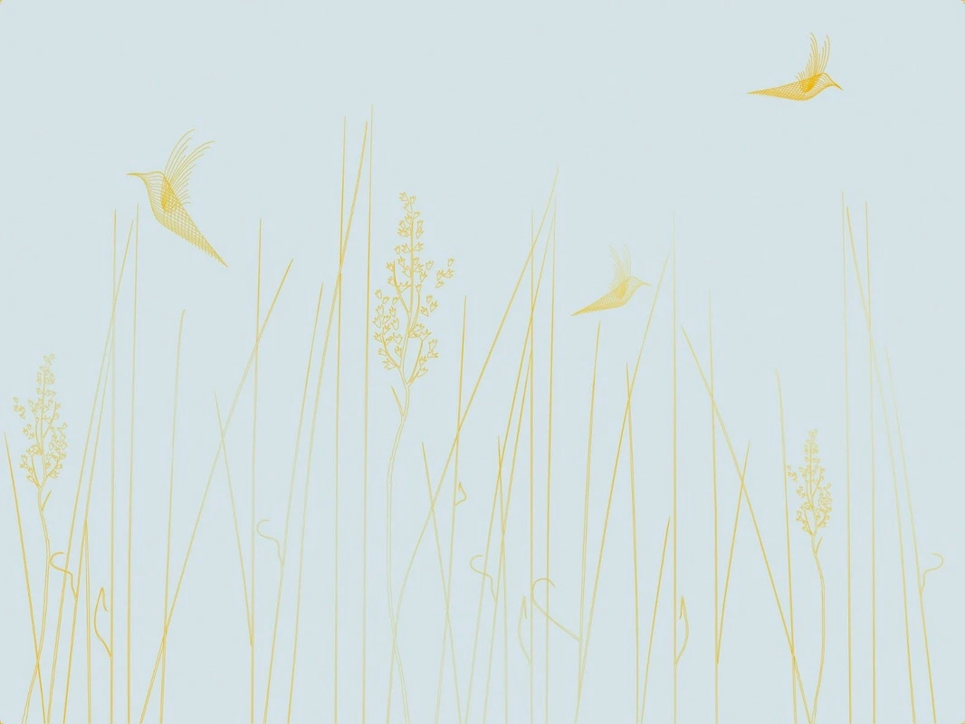Фотообои на стену - графика, линии, золотые линии, обои с золотыми линиями, обои с золотом, с золотым рисунком, голубая, трава, птицы