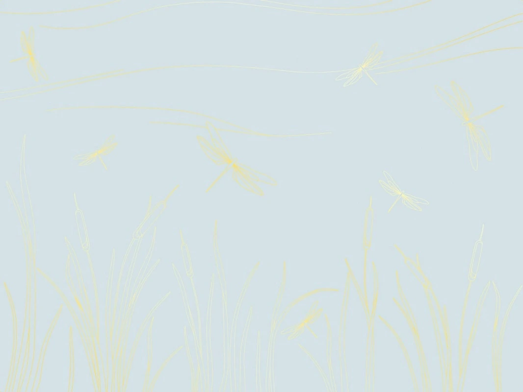 Фотообои на стену - графика, золотые линии, с золотым рисунком, стрекоза, трава, голубая, стрекозы