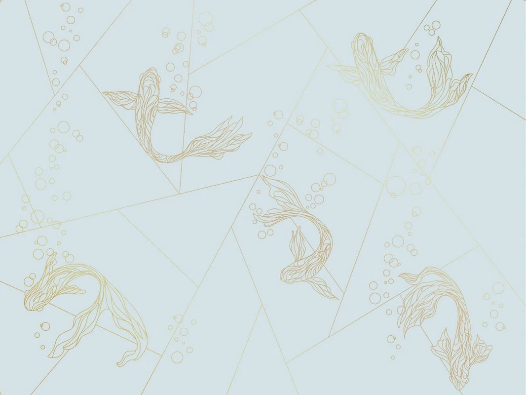 Фотообои на стену - графика, золотые линии, обои с золотыми линиями, обои с золотом, с золотым рисунком, голубая, рыбы