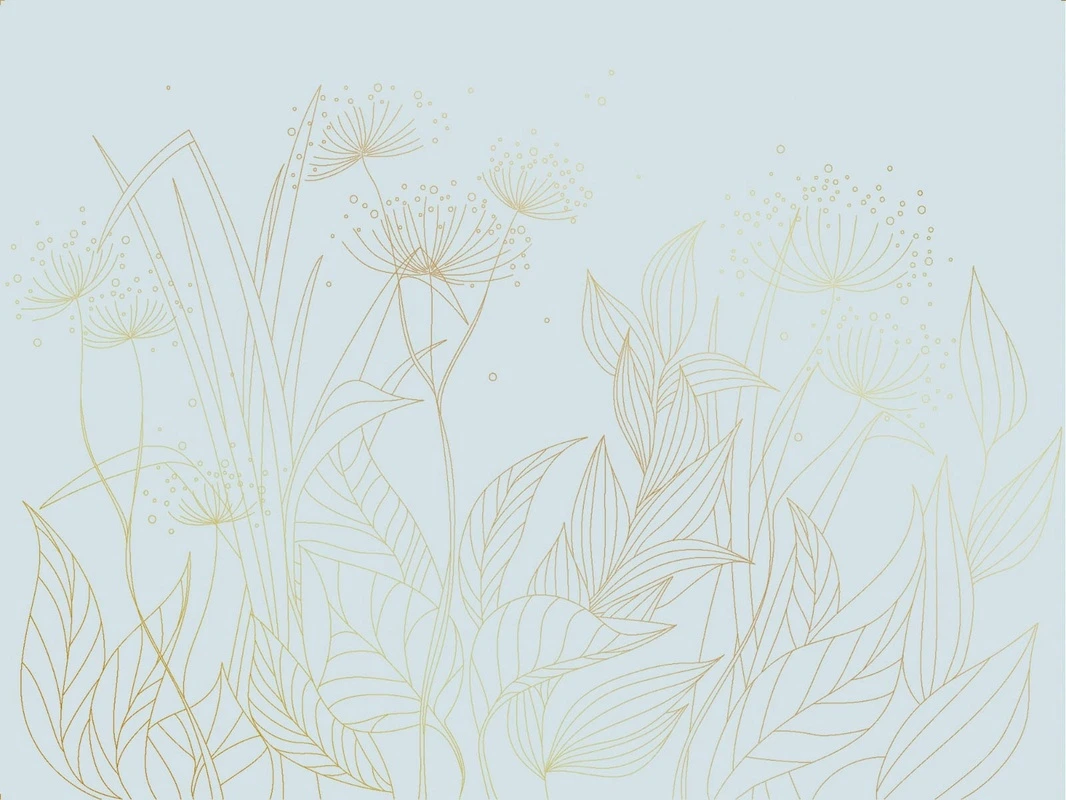 Фотообои на стену - графика, золотые листья, золотые линии, обои с золотыми линиями, обои с золотом, с золотым рисунком, голубая, трава, листья