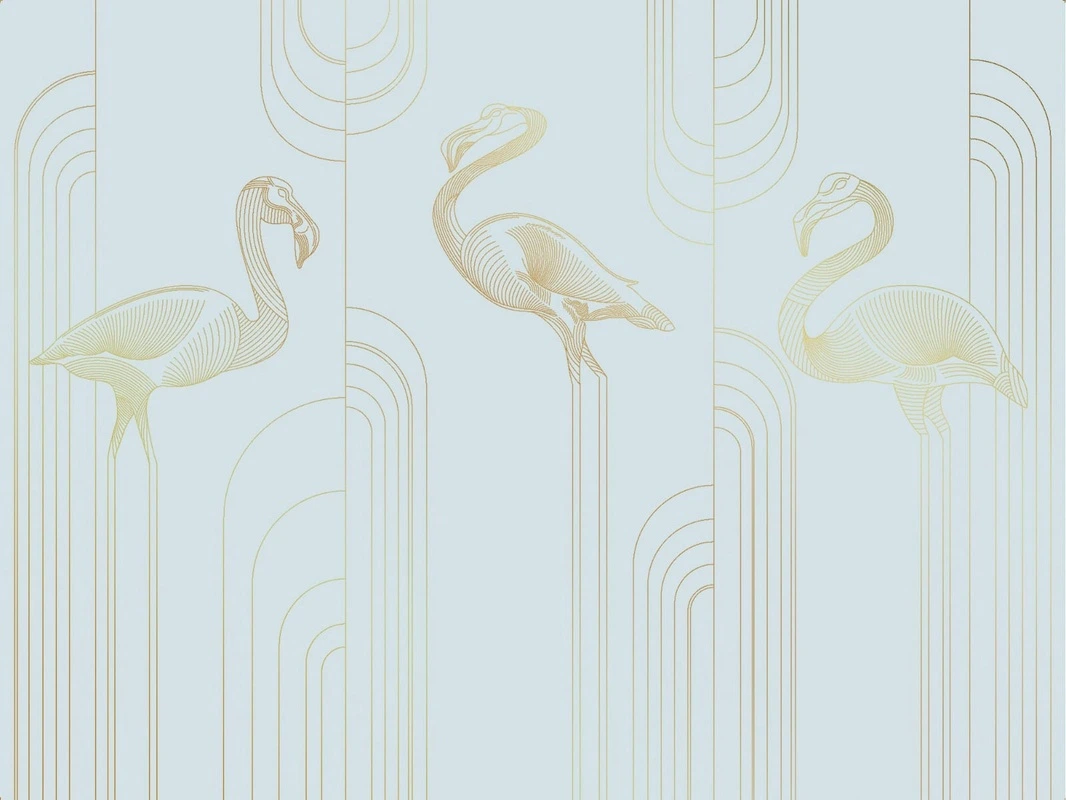 Фотообои на стену - графика, золотые линии, с золотым рисунком, голубая, фламинго