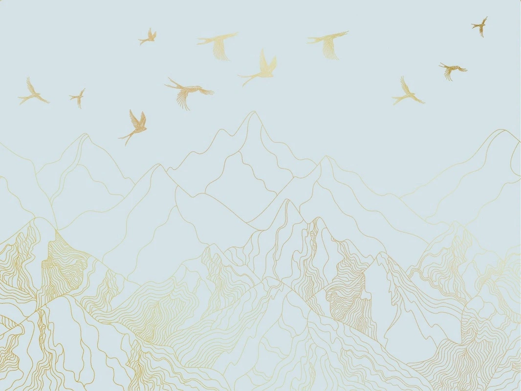 Фотообои на стену - графика, золотые линии, обои с золотыми линиями, обои с золотом, с золотым рисунком, голубая, горы, птицы