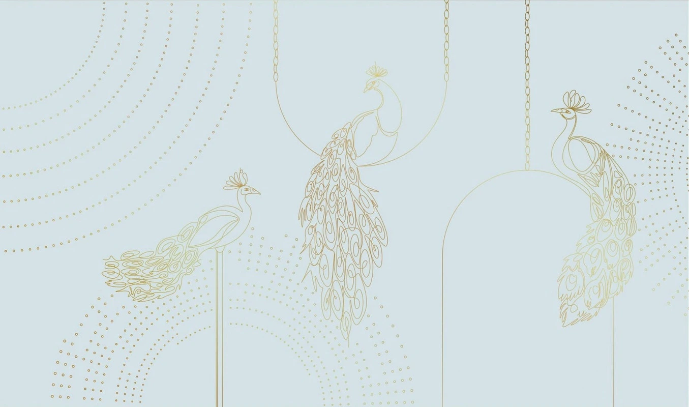 Фотообои на стену - графика, золотые линии, с золотым рисунком, голубая, павлин