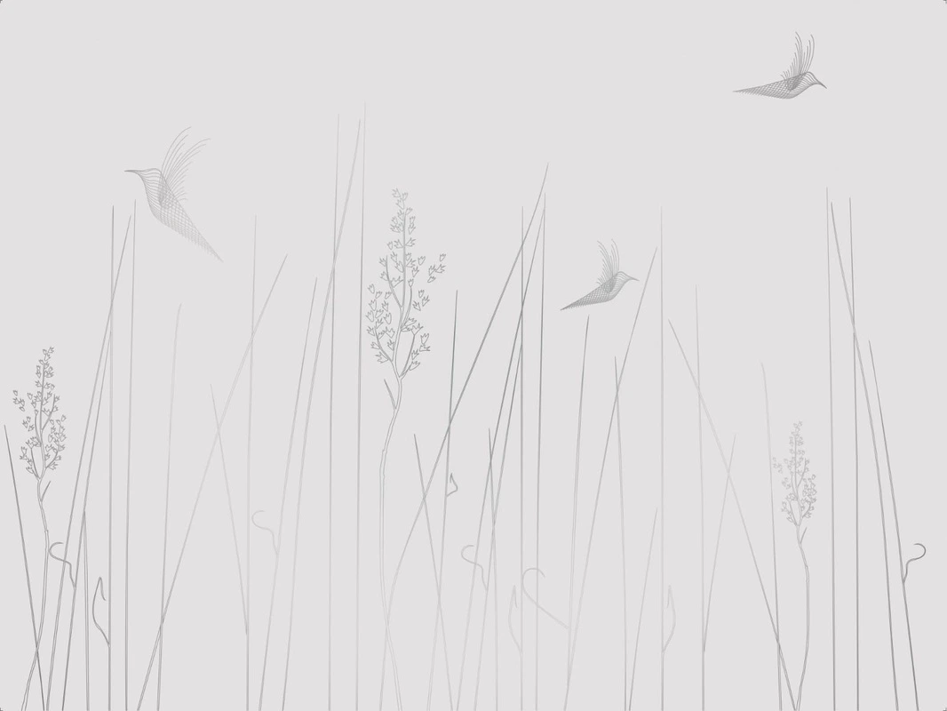 Фотообои на стену - графика, линии, светлая, серая, с серебром, обои светлые с серебром, трава, птицы