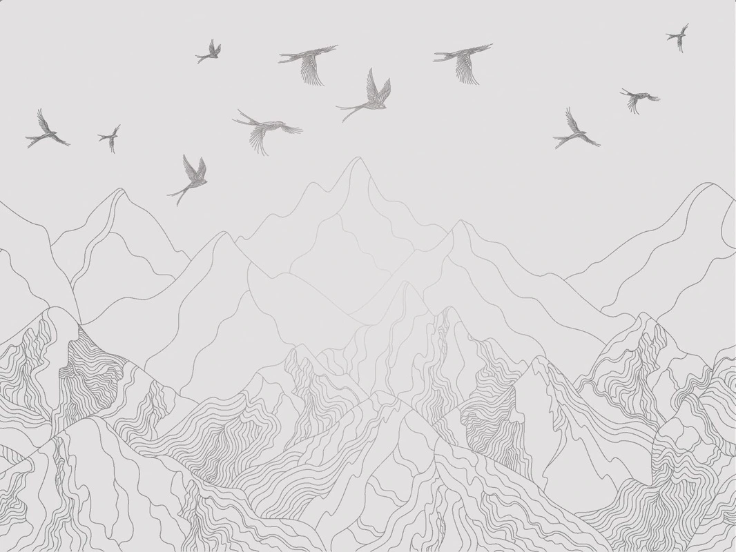 Фотообои на стену - графика, линии, светлая, серая, с серебром, обои светлые с серебром, горы и птицы, горы