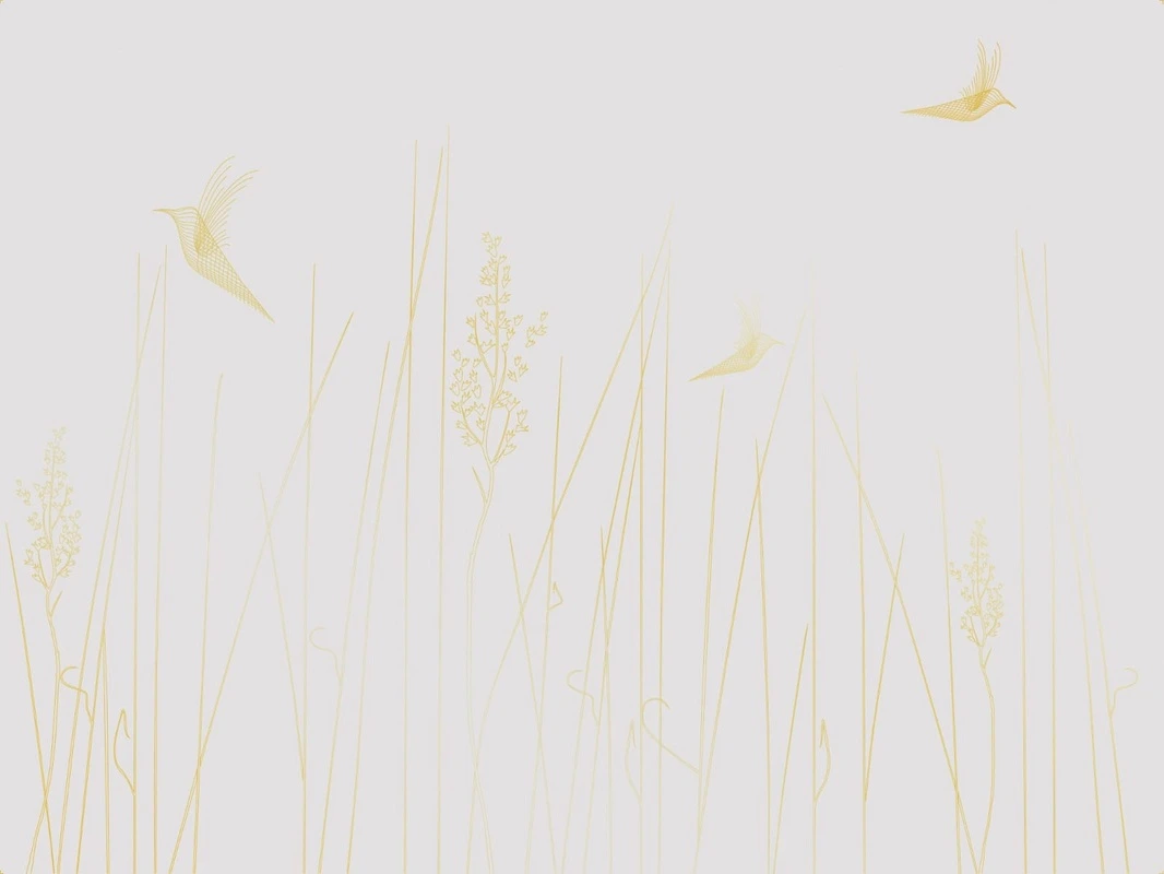 Фотообои на стену - графика, линии, золоты линии, светлая, обои с золотыми линиями, с золотым рисунком, трава, птицы