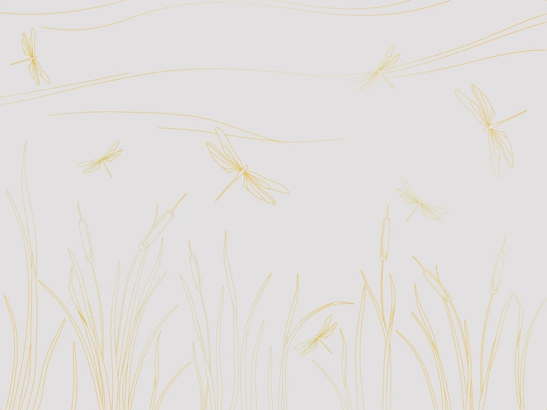 Фотообои на стену - графика, линии, золотые линии, светлая, серая, обои с золотыми линиями, стрекозы, с золотым рисунком, трава, стрекоза