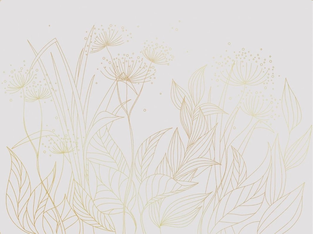 Фотообои на стену - графика, золотые линии, светлая, серая, обои с золотыми линиями, с золотым рисунком, трава, золотые листья