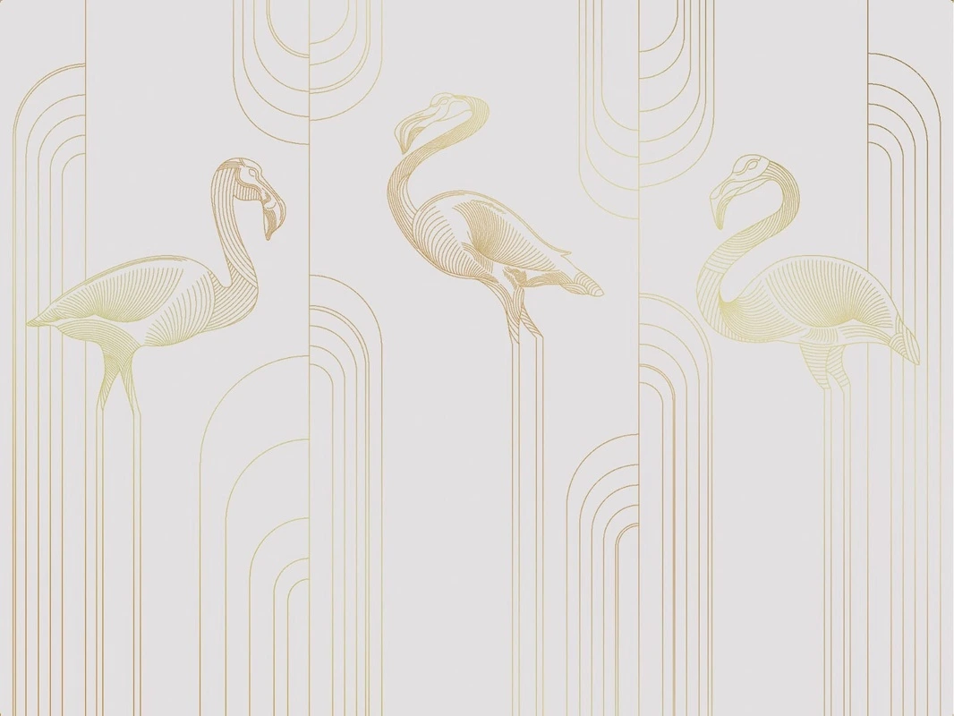 Фотообои на стену - графика, золотые линии, светлая, серая, обои с золотыми линиями, с золотым рисунком, фламинго