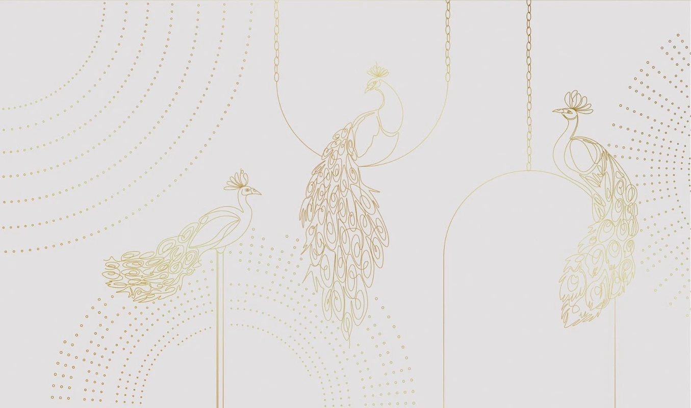 Фотообои на стену - графика, золотые линии, светлая, серая, обои с золотым рисунком, обои с золотыми линиями, павлин