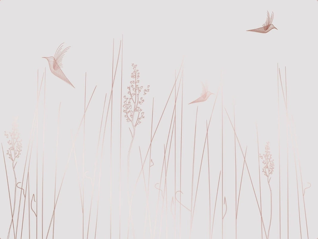 Фотообои на стену - графика, медные обои, трава, птицы