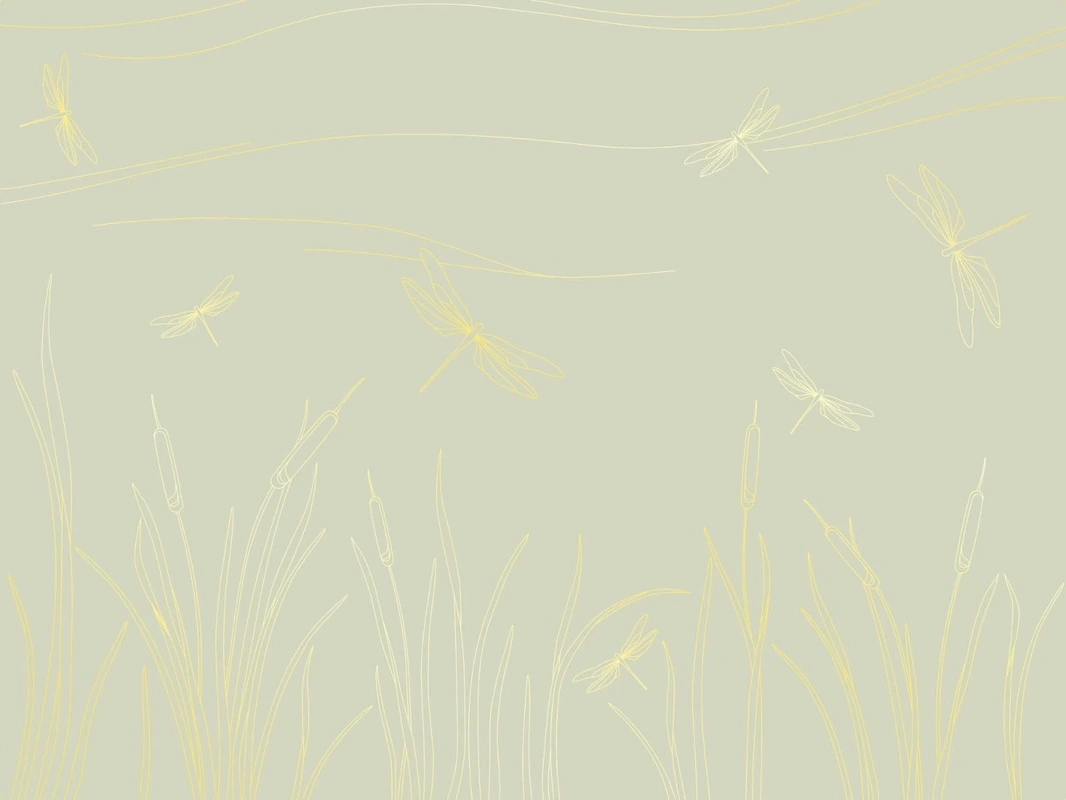 Фотообои на стену - графика, золотые линии, обои с золотыми линиями, стрекозы, обои с золотым рисунком, зеленая, трава, стрекоза