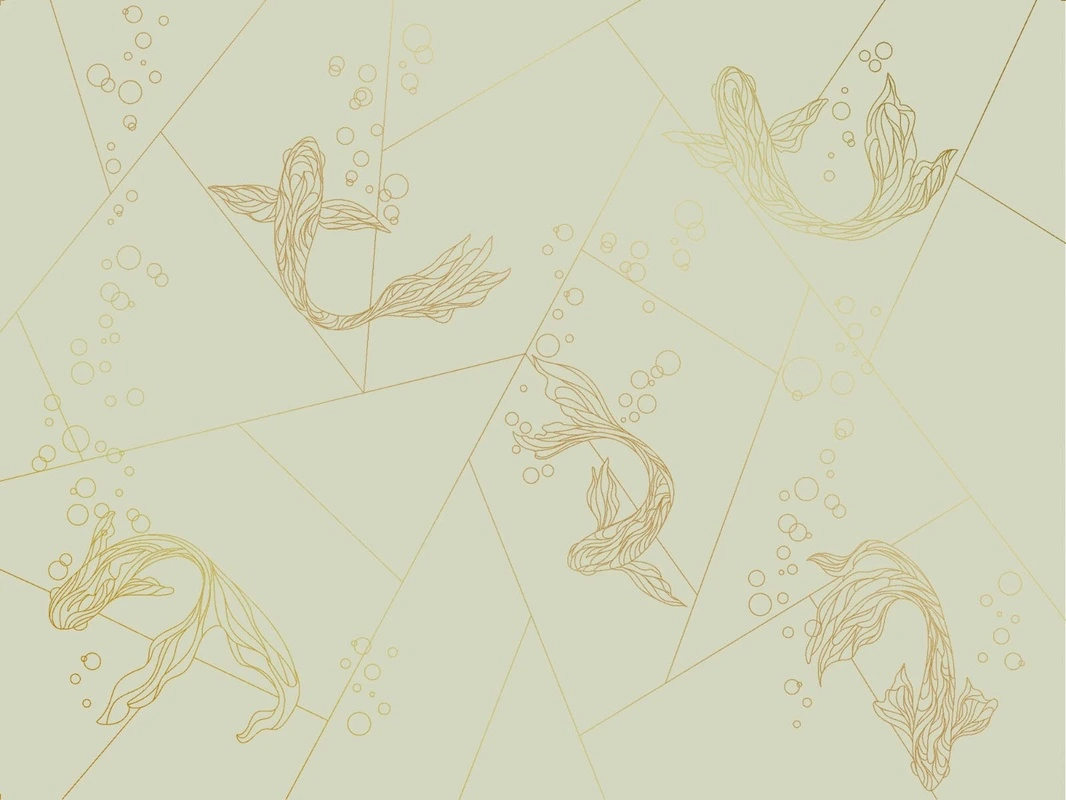 Фотообои на стену - графика, золотые линии, обои с золотыми линиями, обои с золотым рисунком, зеленая, рыбы