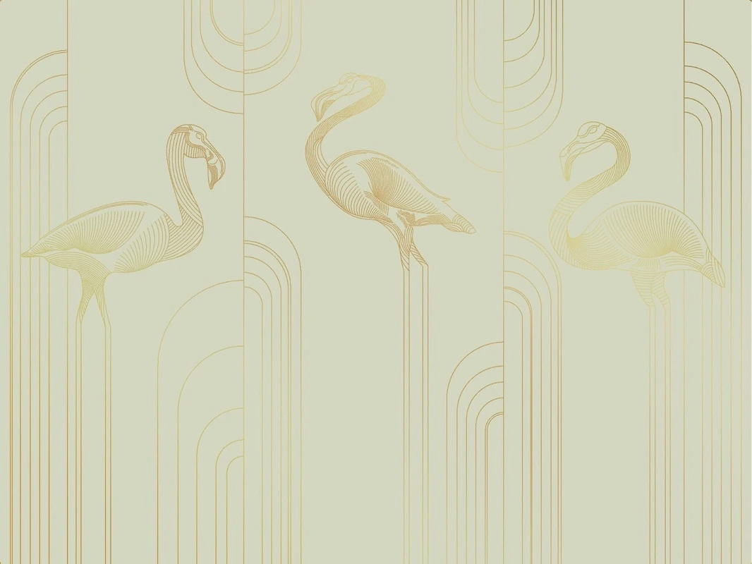 Фотообои на стену - графика, золотые линии, обои с золотыми линиями, обои с золотым рисунком, зеленая, фламинго