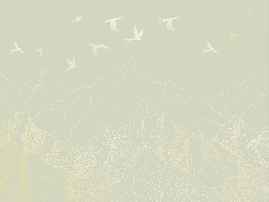 Фотообои на стену - графика, золотые линии, обои с золотыми линиями, обои с золотым рисунком, зеленая, горы, птицы