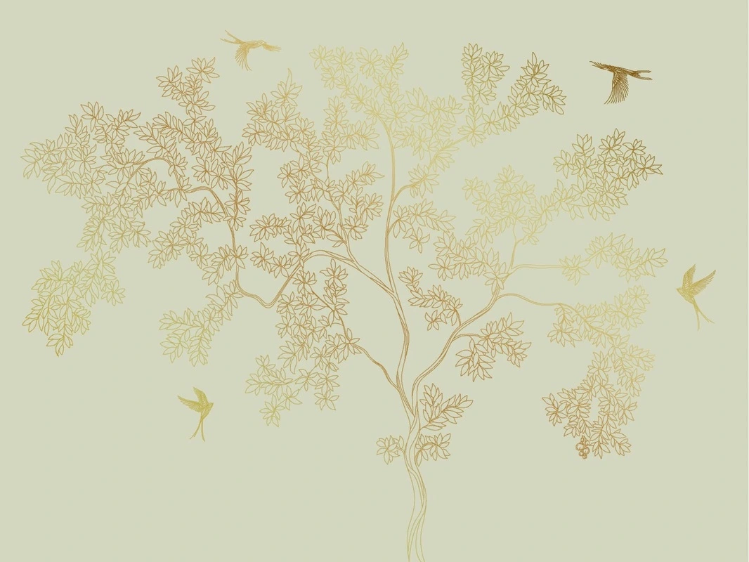 Фотообои на стену - графика, золотые линии, обои с золотыми линиями, обои с золотым рисунком, зеленая, дерево, листья, золотые листья