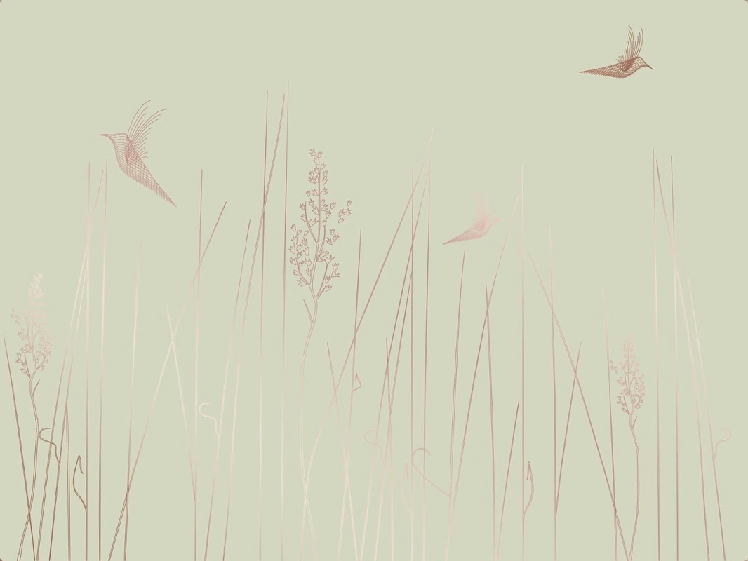 Фотообои на стену - графика, линии, медные, трава, птицы