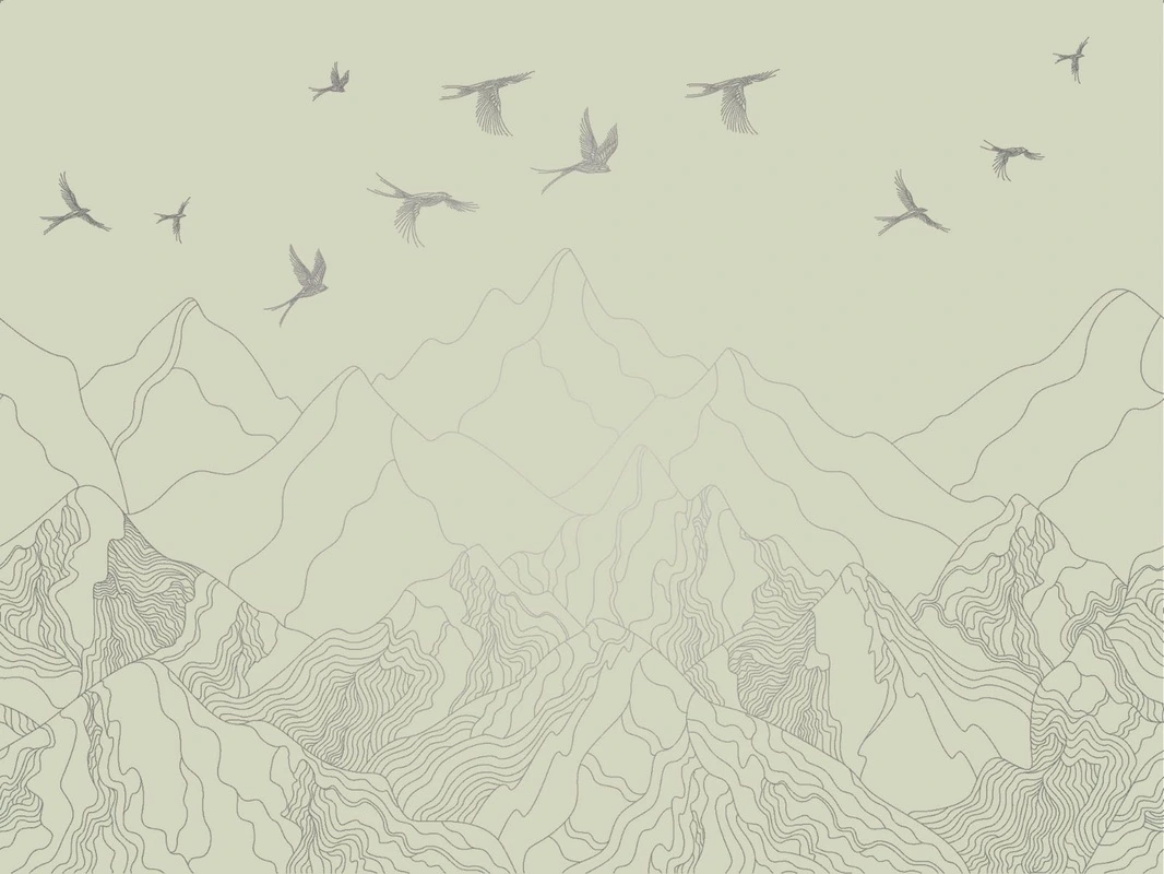 Фотообои на стену - гафика, с серебром, линии, обои с серебром, обои с серебром для стен, обои светлые с серебром, зеленая, горы, птицы