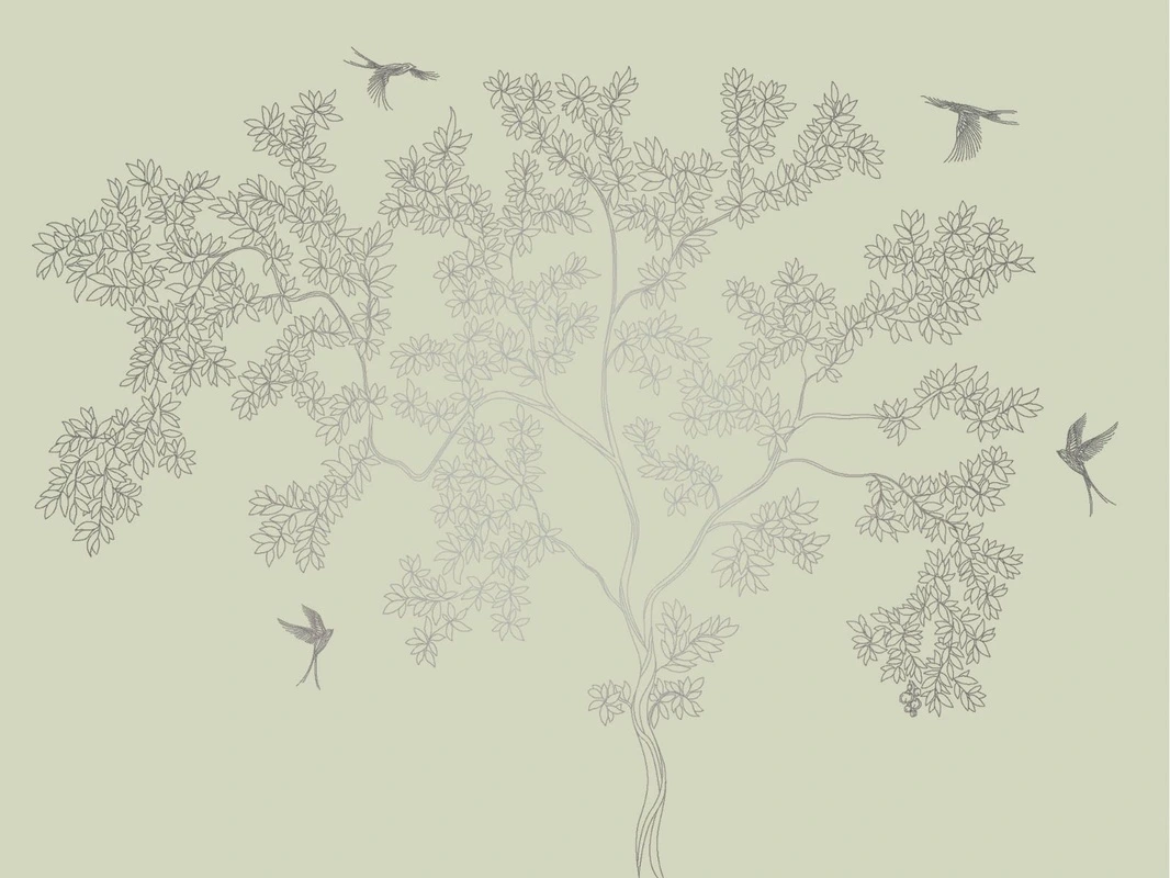 Фотообои на стену - графика, линии, с серебром, зеленая, дерево, обои с серебром, обои с серебром для стен, обои светлые для стен