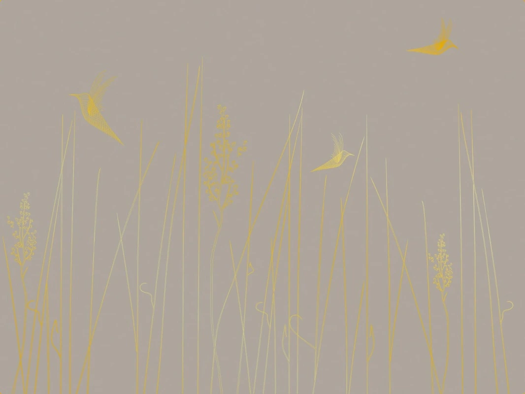 Фотообои на стену - графика, золотые линии, бежевые, темные, трава, птицы