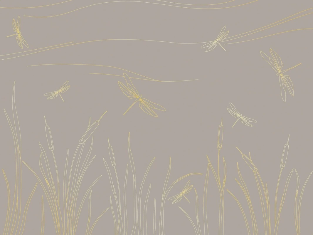 Фотообои на стену - графика, золотые линии, бежевые, коричневые, обои графикой, трава, стрекоза