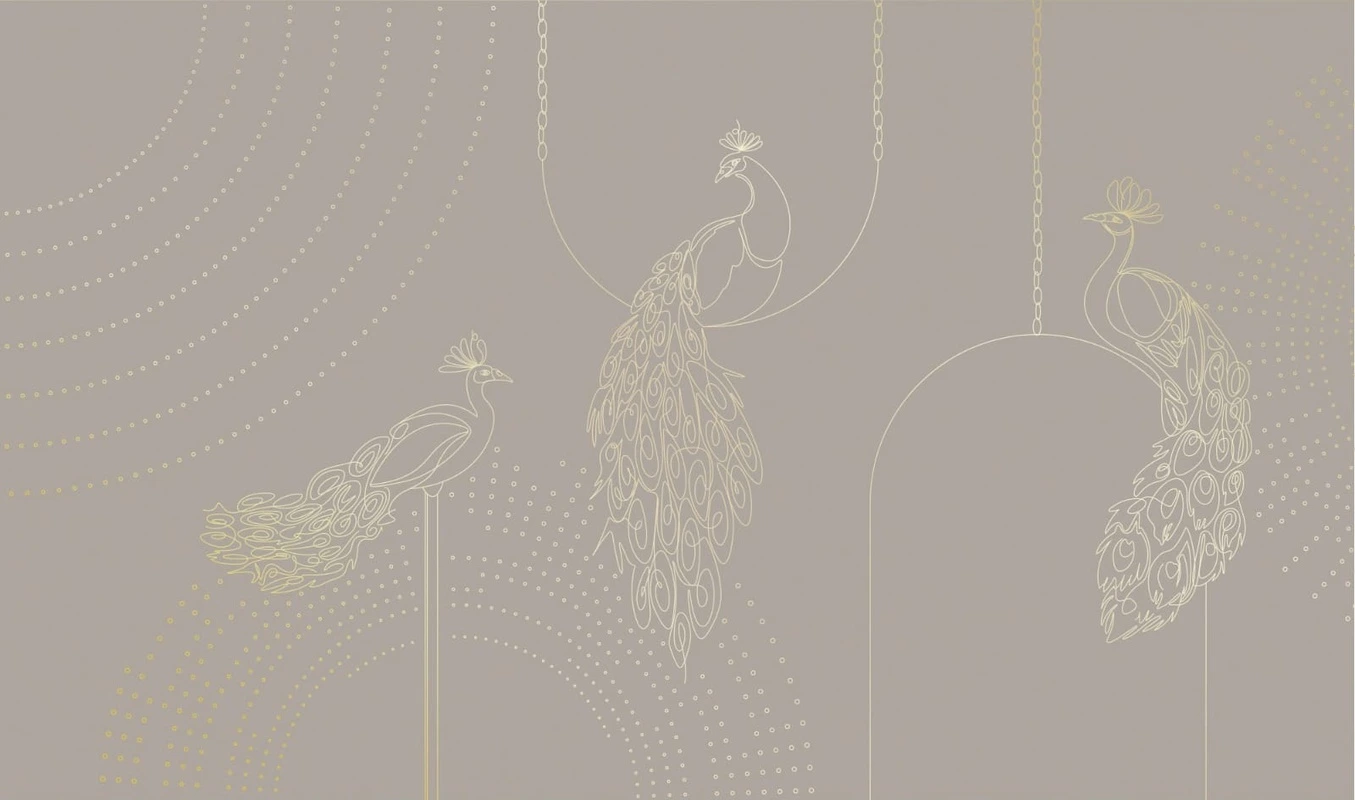 Фотообои на стену - графика, павлин, бежевые, коричневые, золотые линии, обои графикой