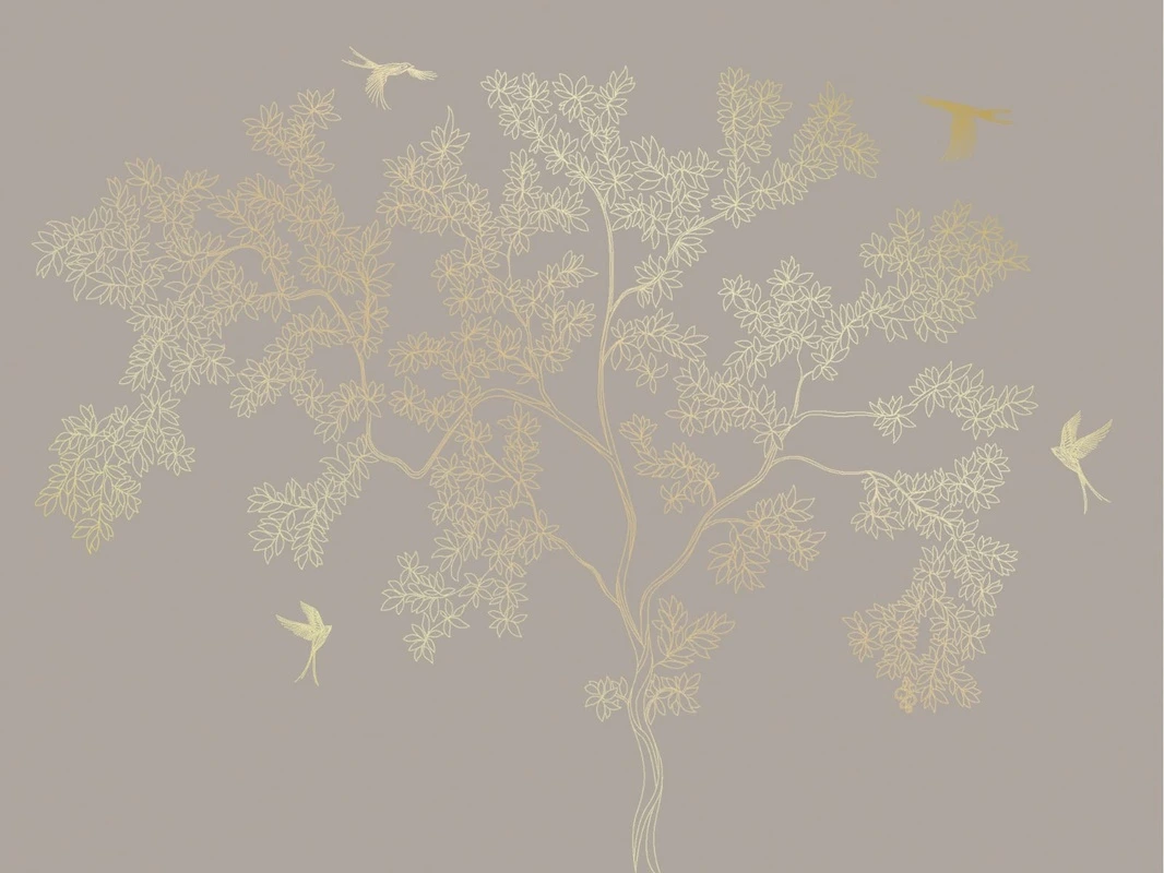 Фотообои на стену - графика, дерево, золотые листья, золотые линии, бежевые, коричневые, обои графикой