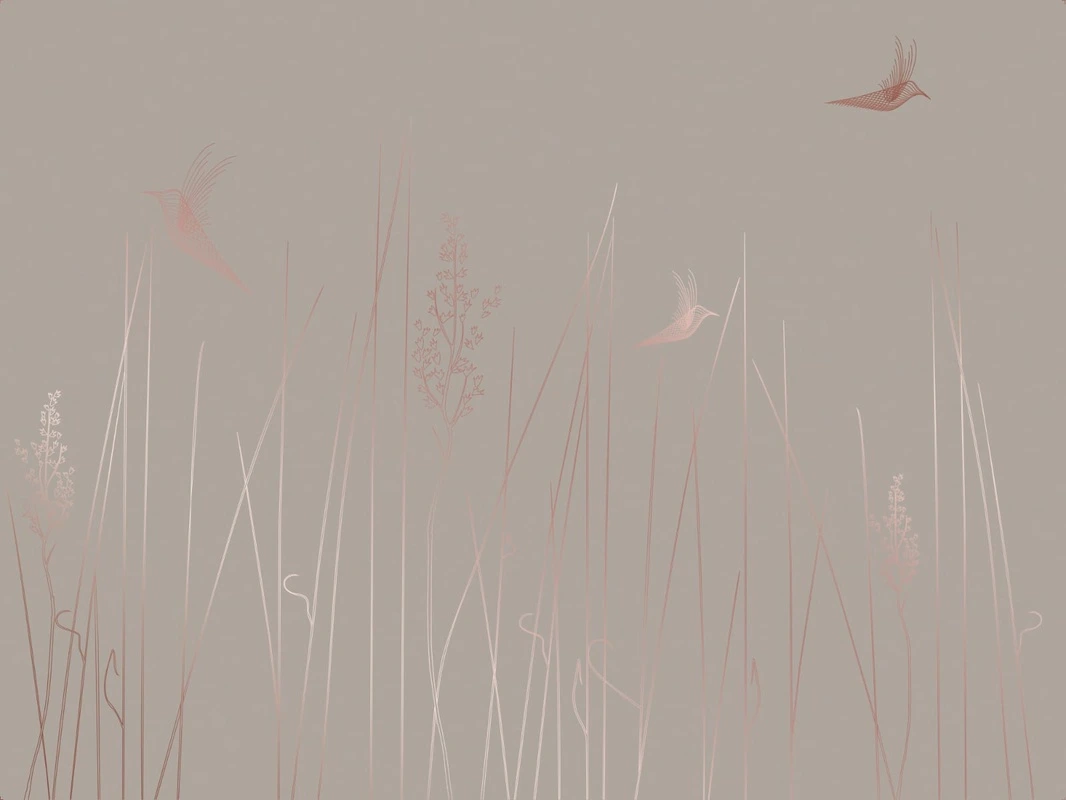 Фотообои на стену - графика, линии, медные обои, медный цвет обои, бежевые, коричневые, трава, птицы