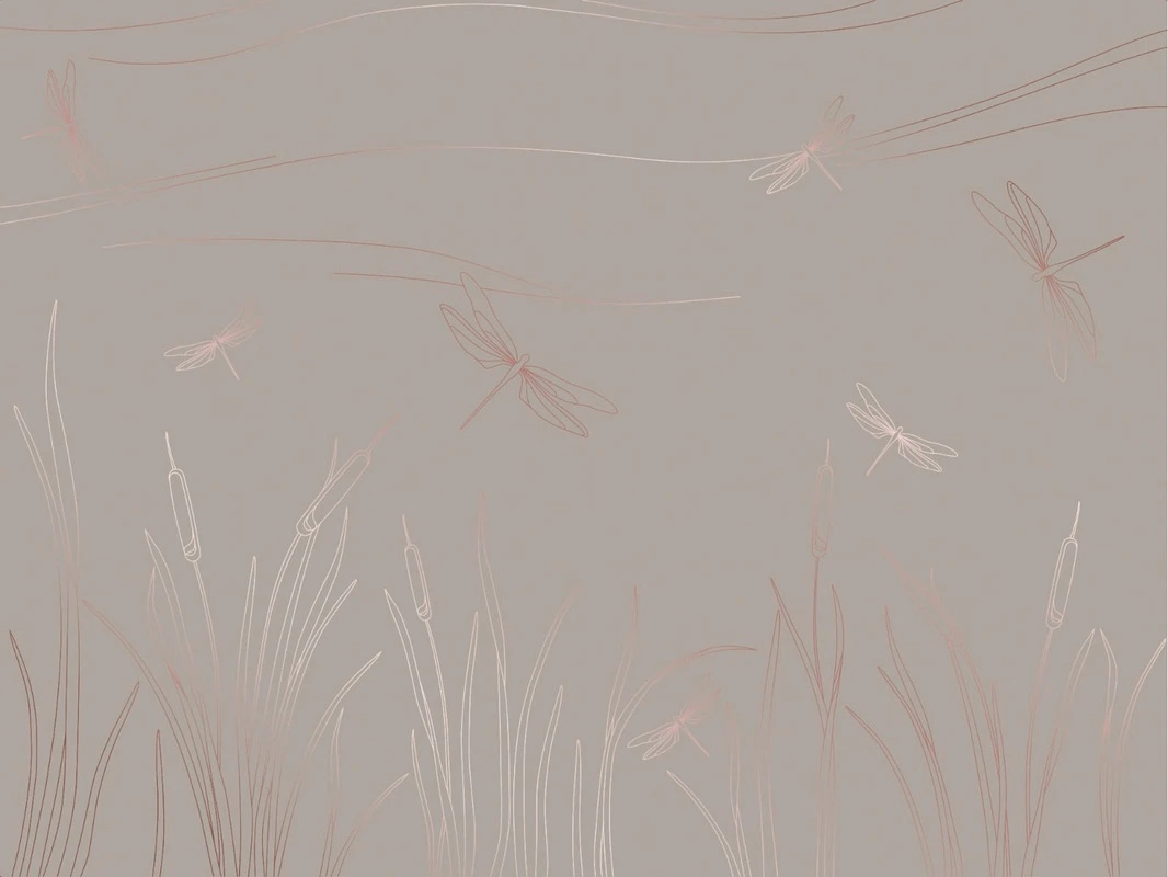 Фотообои на стену - графика, линии, медные обои, бежевые, коричневые, трава, стрекоза