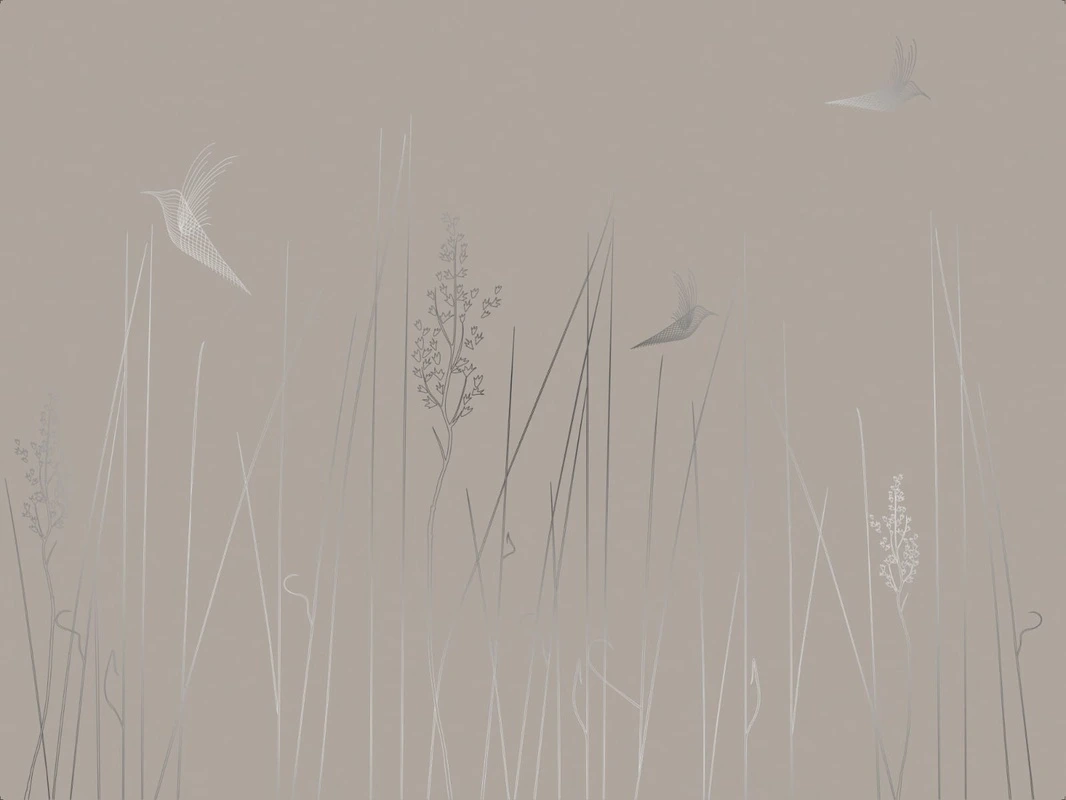 Фотообои на стену - графика, линии, с серебром, обои с серебром, бежевые, коричневые, трава, птицы