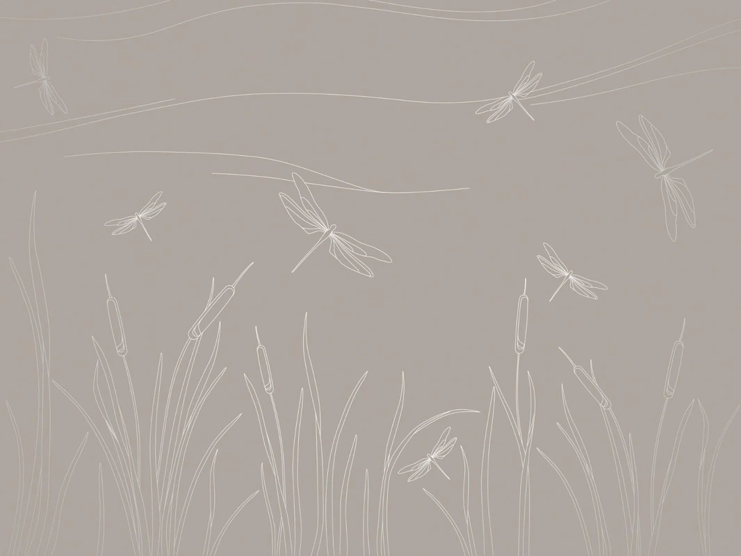Фотообои на стену - графика, линии, с серебром, бежевые, коричневые, трава, стрекоза
