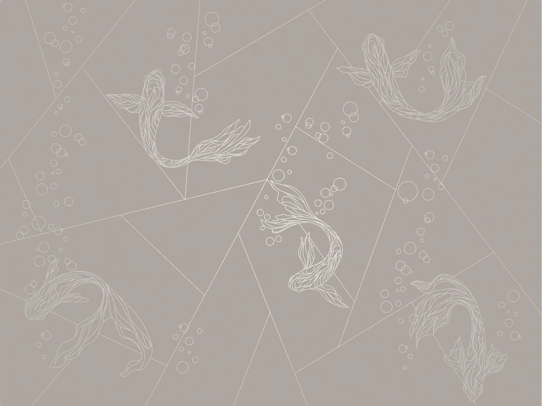 Фотообои на стену - графика, линии, с серебром, рыбы, бежевые, коричневые