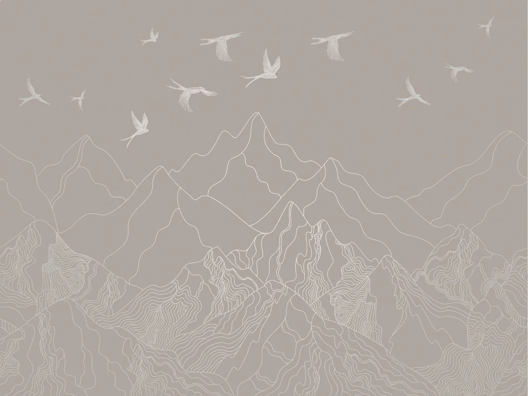 Фотообои на стену - графика, линии, с серебром, горы, птицы, обои с серебром, обои с серебром для стен, бежевые, коричневые