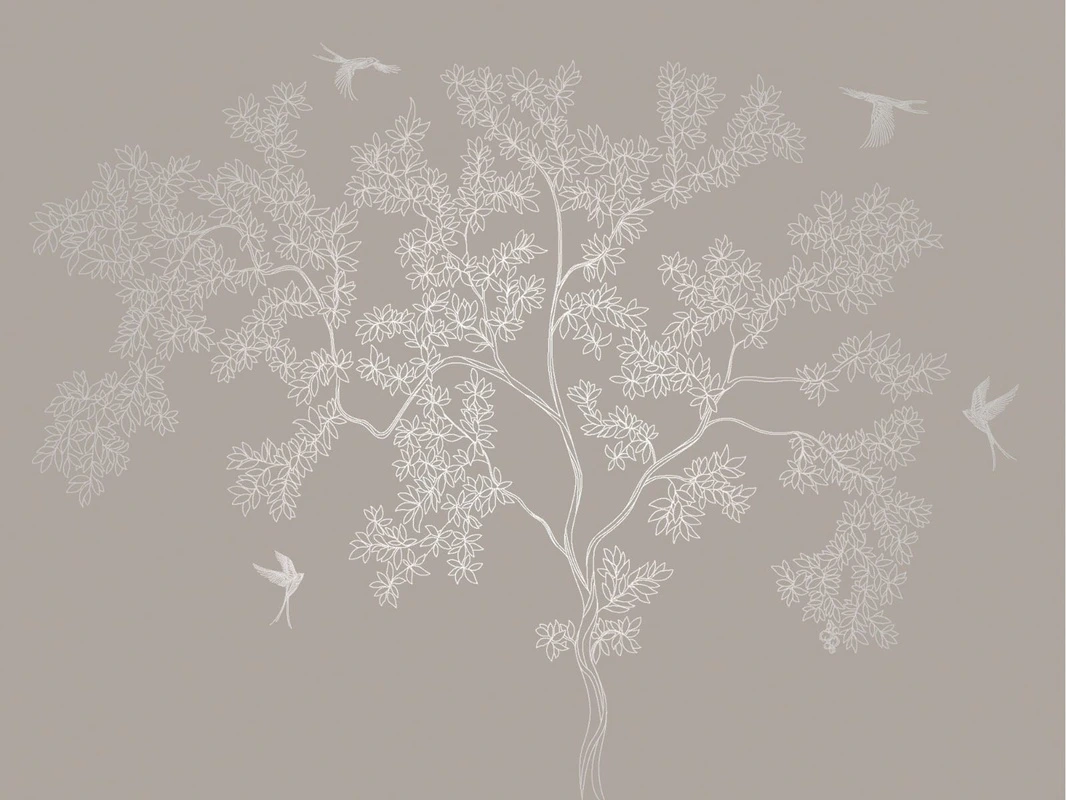 Фотообои на стену - графика, линии, с серебром, дерево, листья, бежевые, коричневые