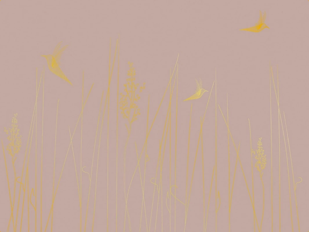 Фотообои на стену - графика, золотые линии, розовая, трава, птицы