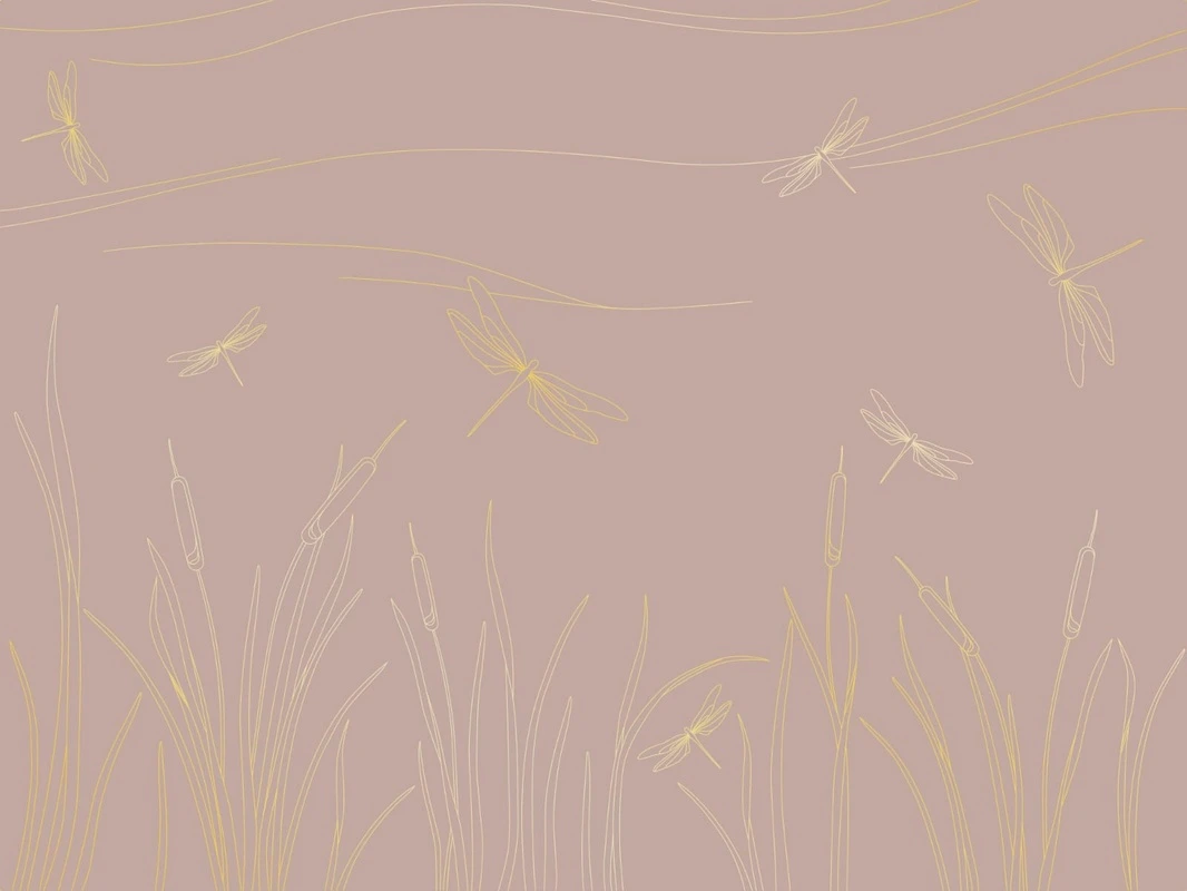 Фотообои на стену - графика, золотые линии, розовая, трава, стрекоза